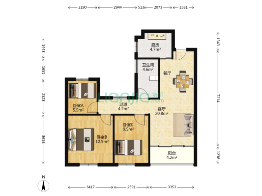 檀山嘉园 3室1厅1卫 91平方