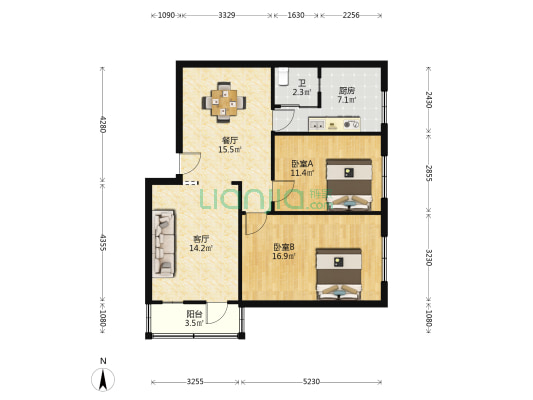 供电局宿舍 2室2厅1卫 85平方