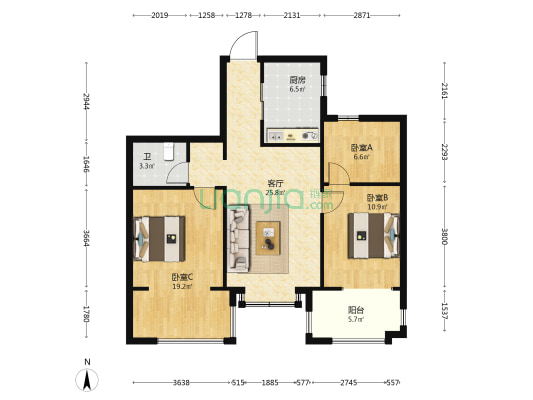 鸿翔铜锣湾 3室1厅1卫 90平方