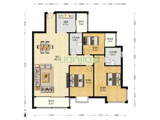 运苑小区 3室1厅2卫 134平方