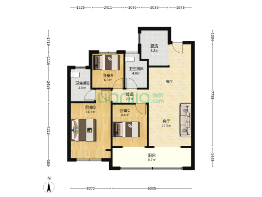 格林世界 3室1厅2卫 105平方