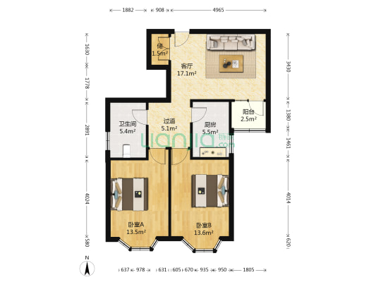 东方国际 2室1厅1卫 105平方