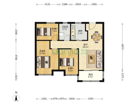 世茂云图 3室1厅1卫 85平方