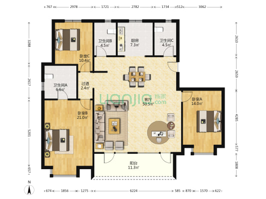 空港澜庭美景B区 3室1厅3卫 164平方