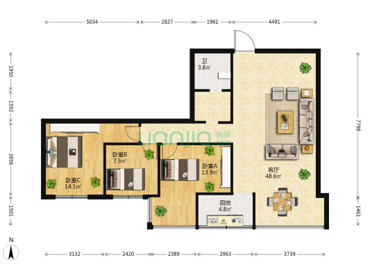 天浩大厦 3室1厅1卫 113平方