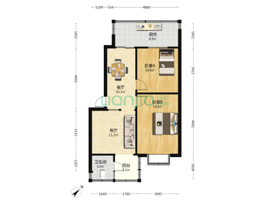 吴井路化轻公司宿舍 2室2厅1卫 59平方