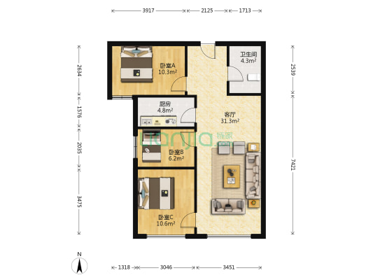 鸿坤理想湾北区 3室1厅1卫 89平方