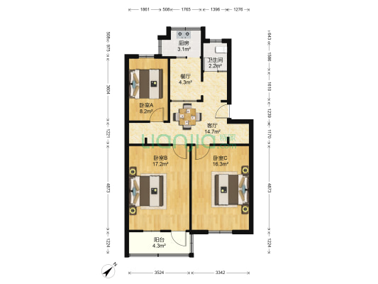 平安里小区 3室2厅1卫 77平方
