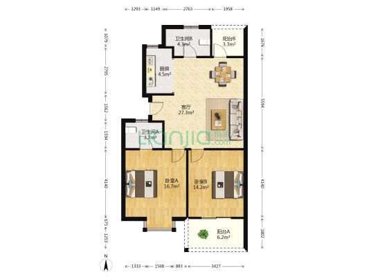 嘉德花苑 2室1厅2卫 89平方