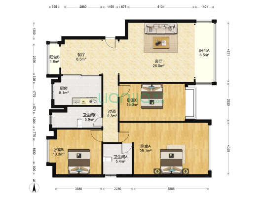 滇池世界花苑 3室2厅2卫 140平方