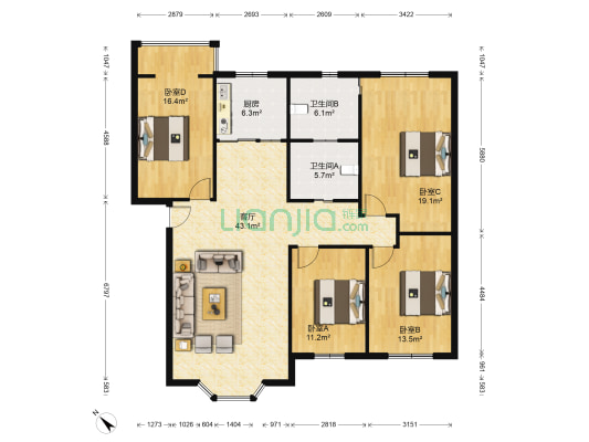 千禧公寓A区 4室1厅2卫 145平方