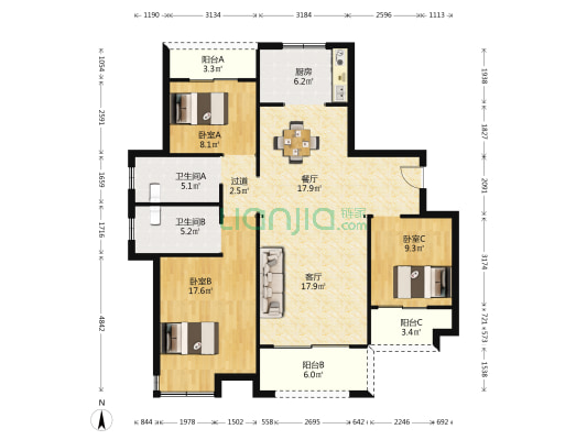 宏凯名邸 3室2厅2卫 131平方