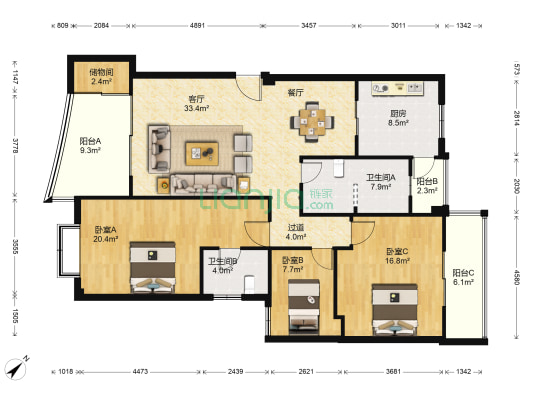滨江苑二期 3室1厅2卫 136平方