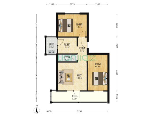 西安唐城服装公司家属院 2室1厅1卫 69平方