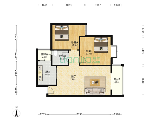 恒昌傲城 2室1厅1卫 83平方