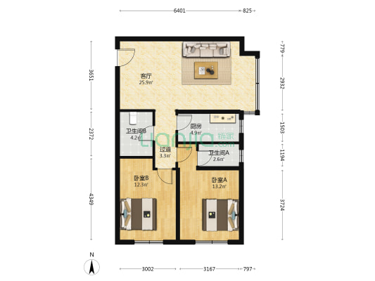 沈铁金街佳园 2室1厅2卫 93平方