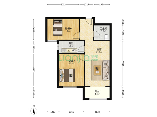 狮子城自住装修两居，楼层好，采光好，视野好。-户型图