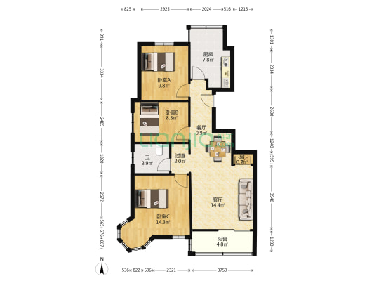 上海保利悦庭 3室2厅1卫 95平方