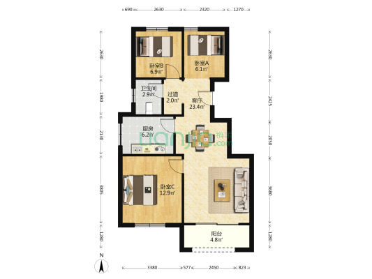 嘉茵名邸 3室1厅1卫 84平方