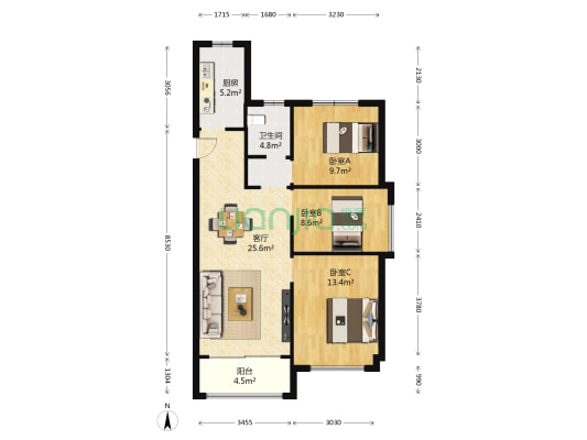 海德郡二号院 3室1厅1卫 98平方