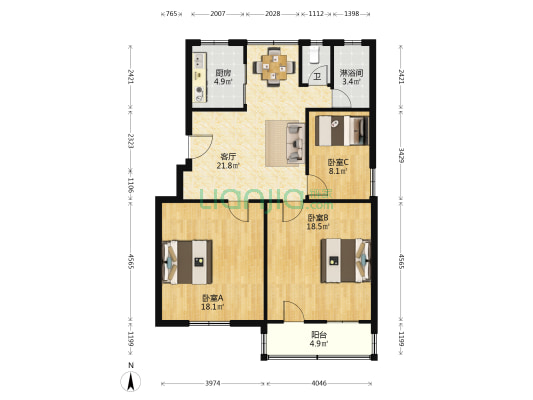郊区土地管理局宿舍 3室1厅2卫 96平方