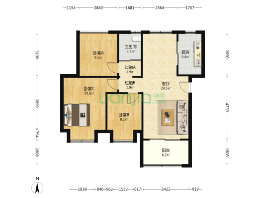 文一名门云河湾西区 3室1厅1卫 95平方
