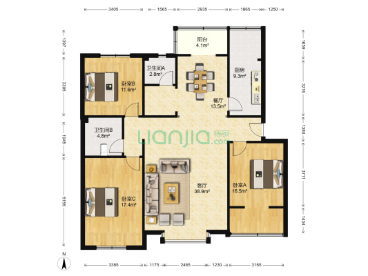 佳和花园 3室2厅2卫 141平方