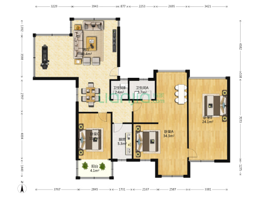 彩虹小区 3室1厅2卫 88平方