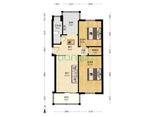 体育局宿舍 2室2厅1卫 86平方