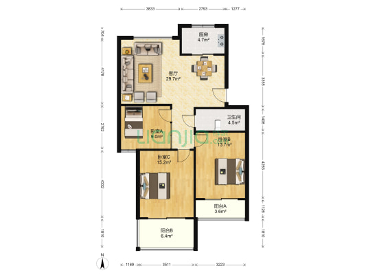 地中海一号公馆 3室1厅1卫 85平方