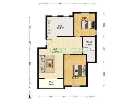 梅荆花苑六期 2室1厅1卫 126平方