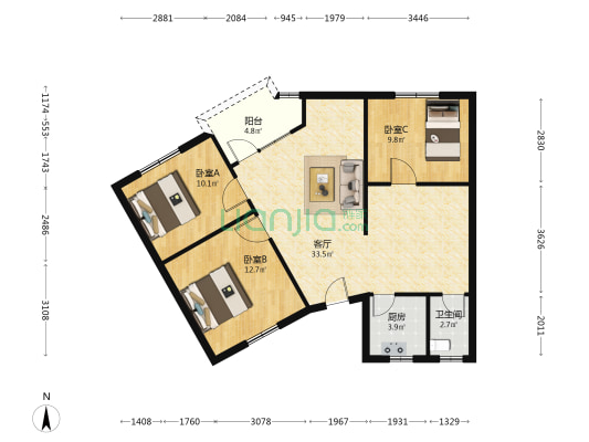 怡心广场 3室1厅1卫 104平方
