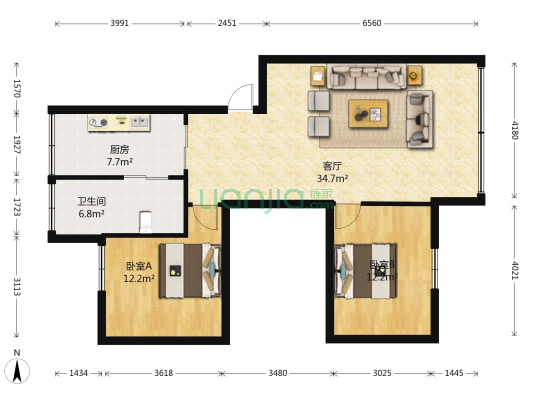 桃园路贵电宿舍 2室1厅1卫 87平方
