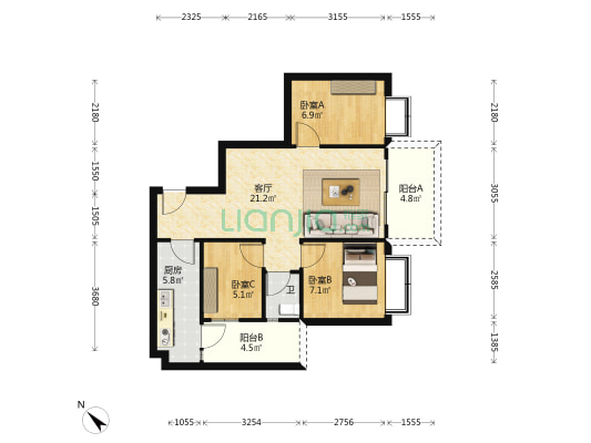 华茂大厦 3室1厅1卫 78平方