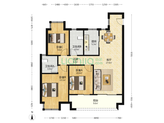 新力翡翠湾 3室1厅2卫 115平方