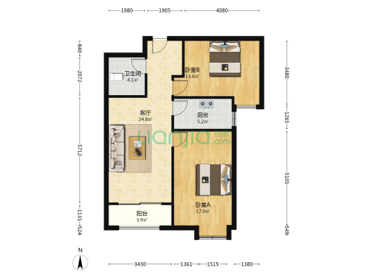 本房子在德信公园北侧 南向两居室 户型好-户型图