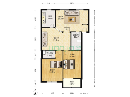 东方红花园 2室2厅2卫 102平方