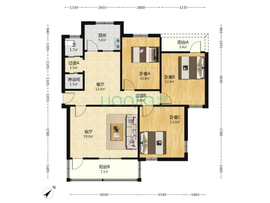 公交宿舍 3室2厅2卫 101平方