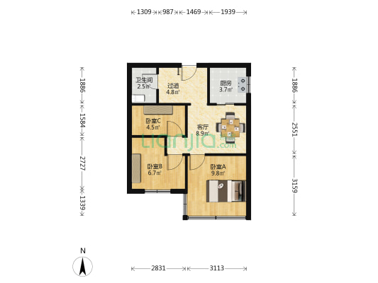 观音桥小区 3室1厅1卫 50平方