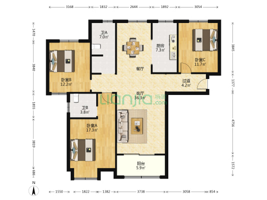 北张家园 3室1厅2卫 140平方
