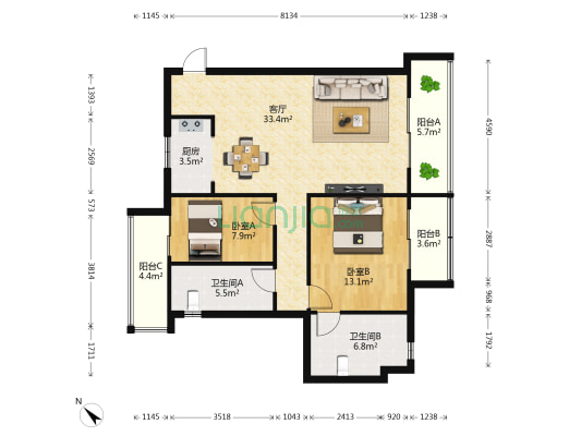 金阳新世界墅临境 2室1厅2卫 107平方