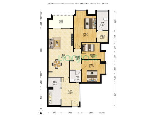 花湖汀精装修3房，看中庭，低楼层，洋房般舒适度-户型图