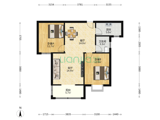 蓝田新城B区 2室2厅1卫 91平方
