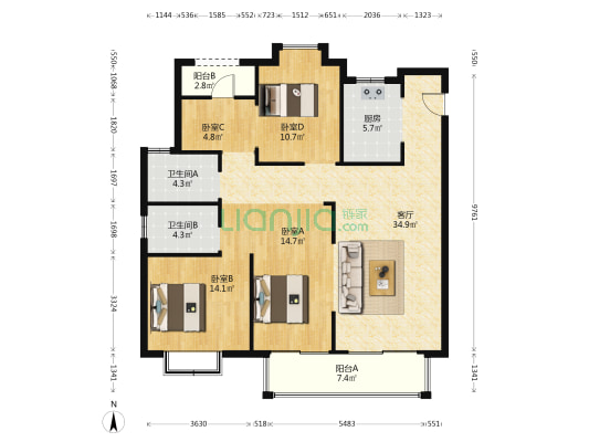 在水一方悦府 4室1厅2卫 127平方