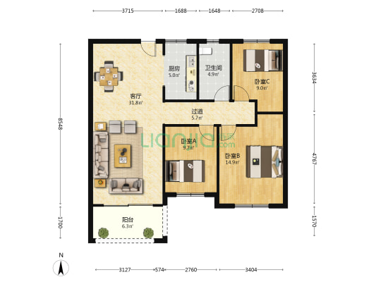 东投阳光城 3室1厅1卫 108平方