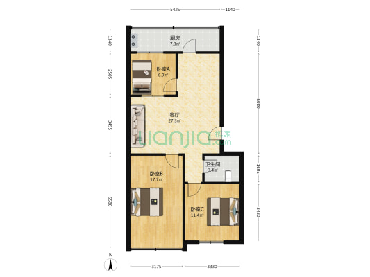 金地凯旋城二期 3室1厅1卫 93平方