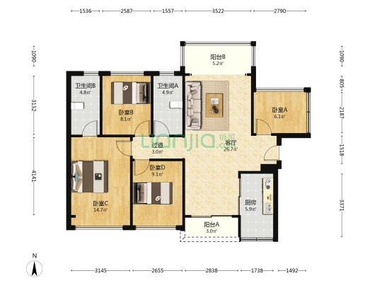 中达聚龙庭 4室1厅2卫 106平方
