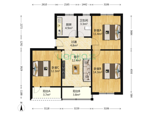 煤炭设计院宿舍 3室1厅1卫 86平方