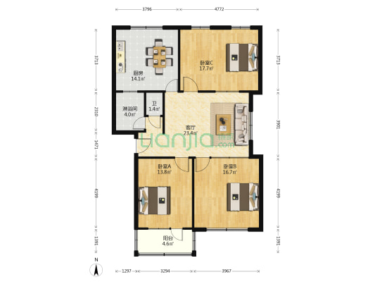 烟草公司宿舍 3室1厅2卫 114平方