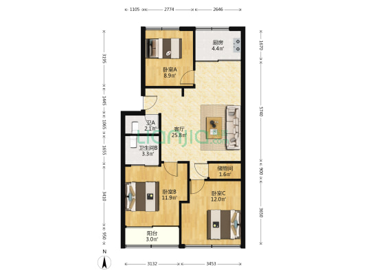 进源小区 3室1厅2卫 91平方